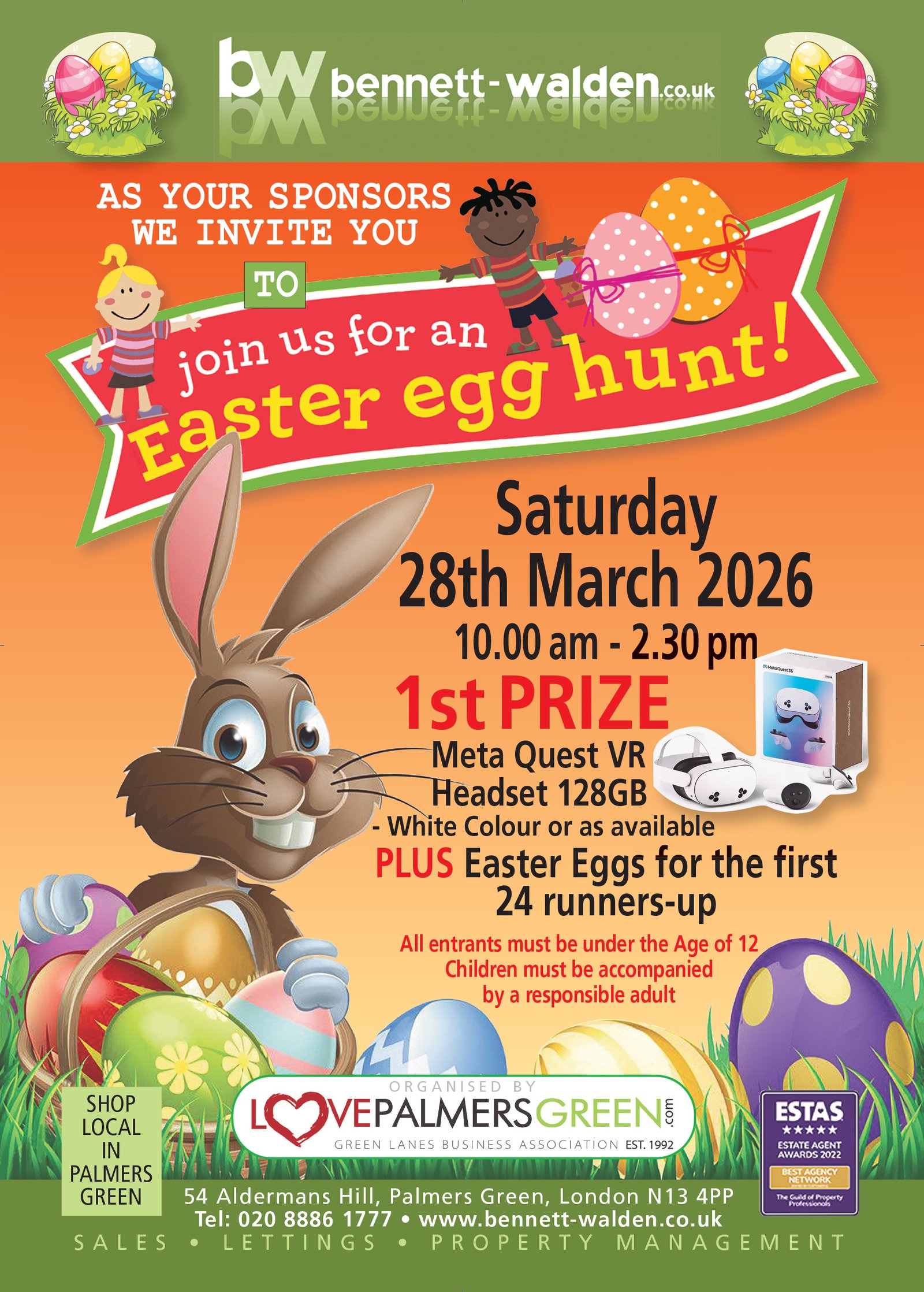 Love Palmers Green Easter Egg Hunt poster for Saturday 28th March 2026 with event details and prizes