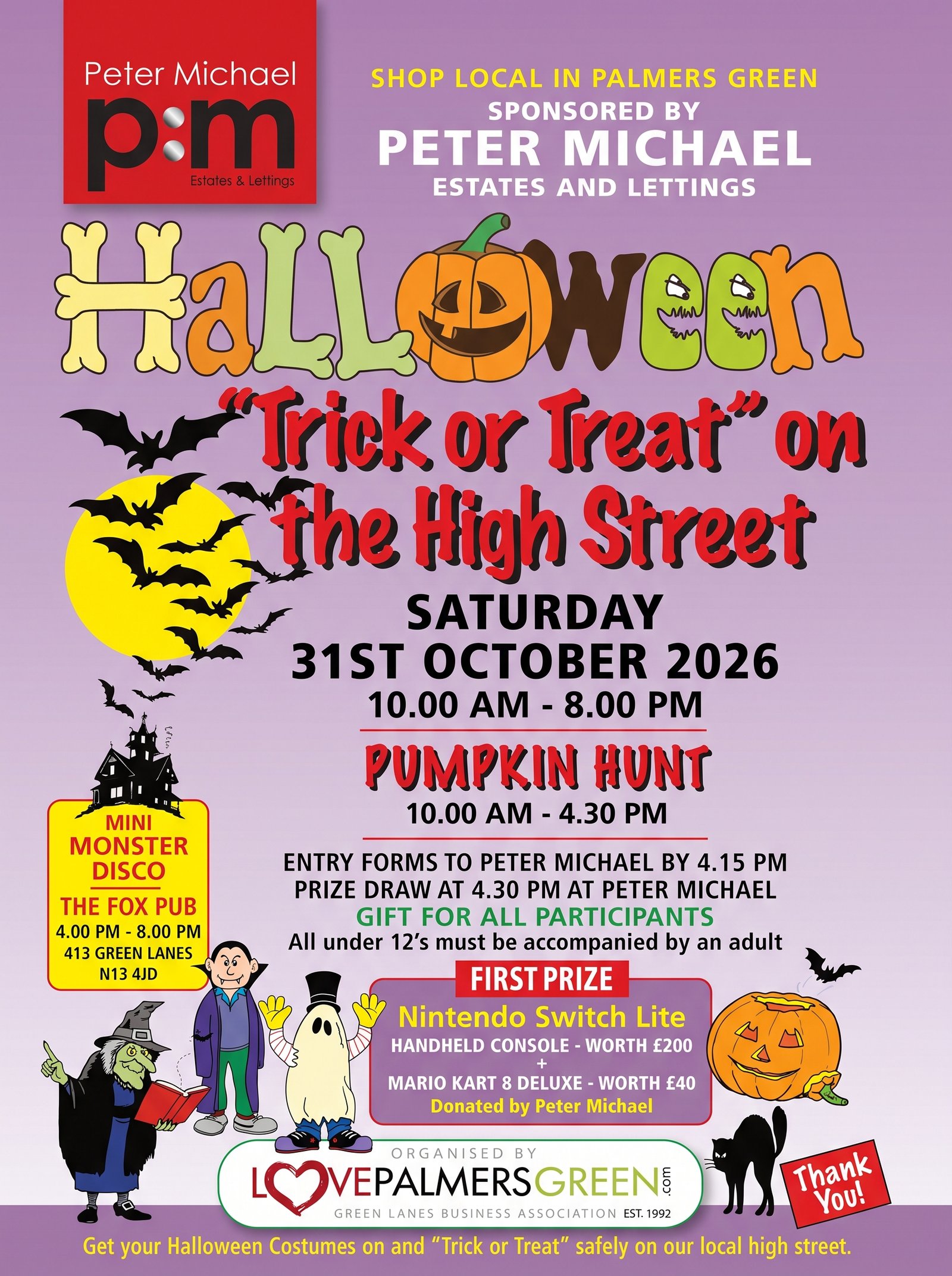 Halloween Trick or Treat on the High Street 2026 poster, sponsored by Peter Michael Estates and Lettings